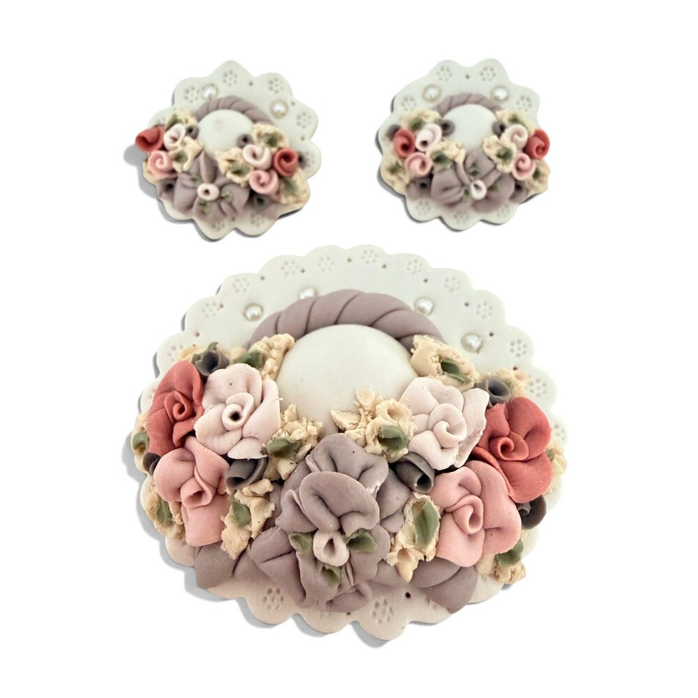 Vintage Lisa Signed Polymer Clay Floral Basket Brooch and Stud Earrings Set Des